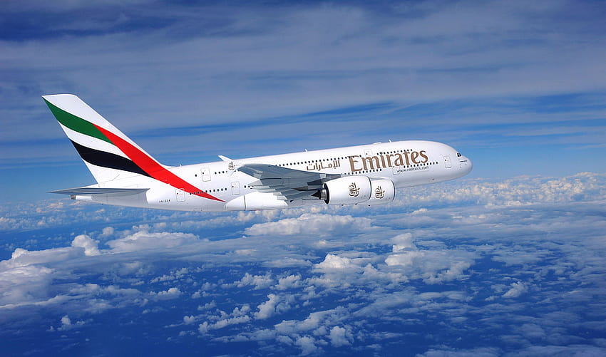 Самолет на авиокомпания Emirates airbus airliner a380, полет HD тапет
