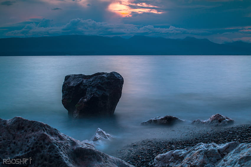 : uzun pozlama, gün batımı, göl, plaj, doğa, kaya, Makedonya, Ohrid 1600x1064 HD duvar kağıdı