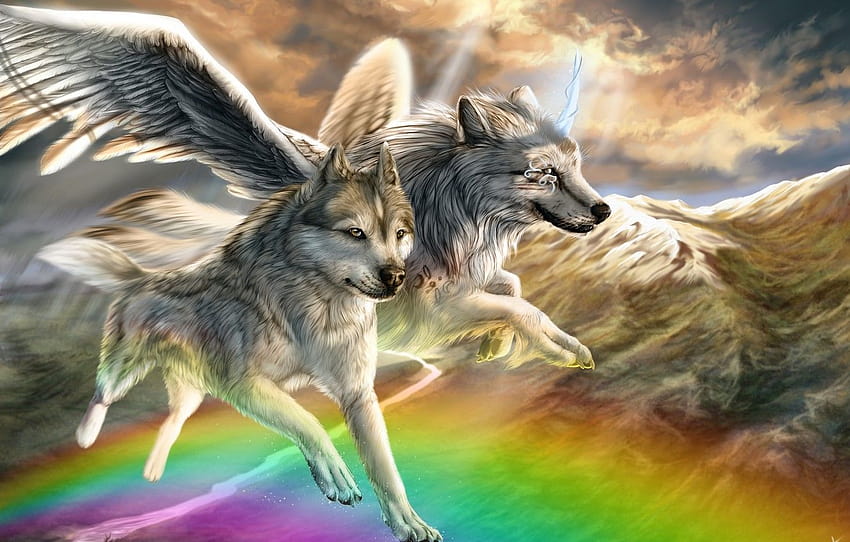 animals, mountains, fiction, wings, rainbow, art, pair, wolves, flight, river , section фантастика, rainbow animals HD wallpaper