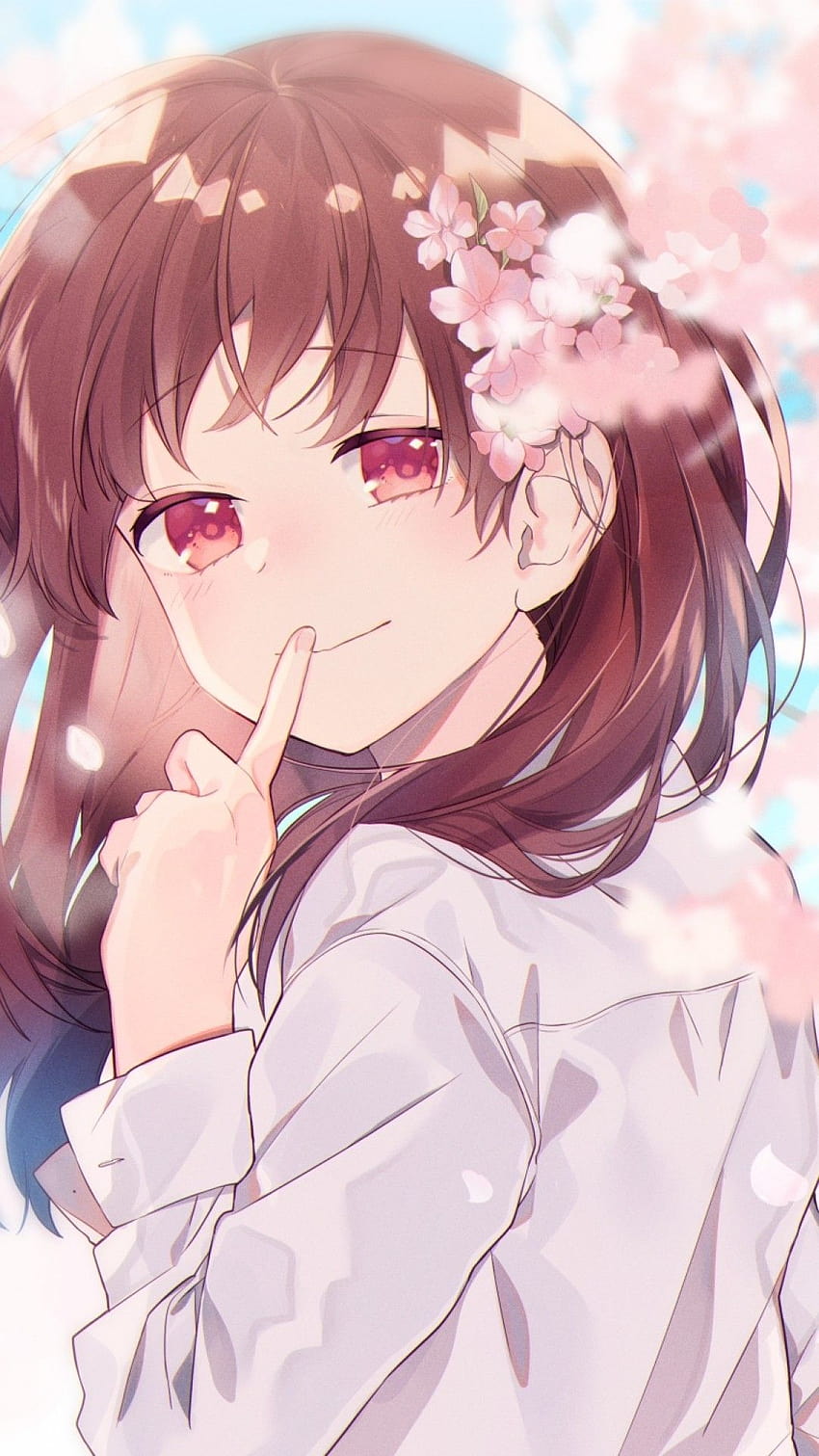 1080x1920 Anime Girl Shhh Cherry Blossom Brown Hair Anime Girl Iphone Hd Phone Wallpaper