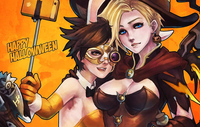 girls, art, Tracer, overwatch, mercy, Lena Oxton, Angela Ziegler, witch mercy, bunny tracer , section игры HD wallpaper