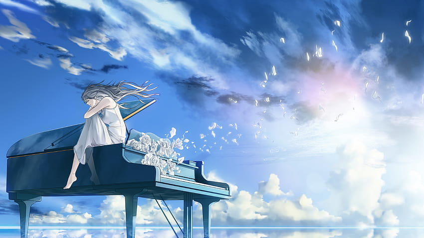3840x2160 Lonely Anime Girl, Piano, Instrument, Scenic, Sky, Clouds for U TV, piano women HD wallpaper