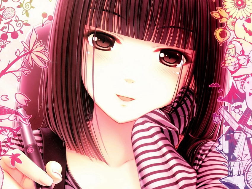 1280x960 anime, dziewczyna, twarz, długopis, biały, różowy, różowa dziewczyna z anime Tapeta HD