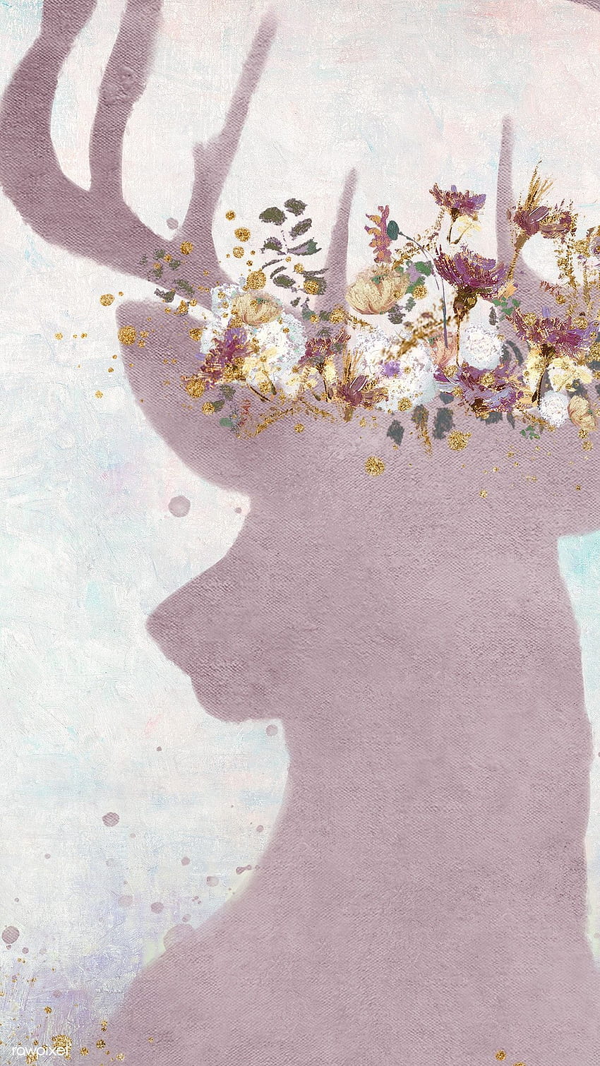 ilustrasi premium ponsel lukisan siluet kepala Rusa, tanduk rusa dengan bunga wallpaper ponsel HD