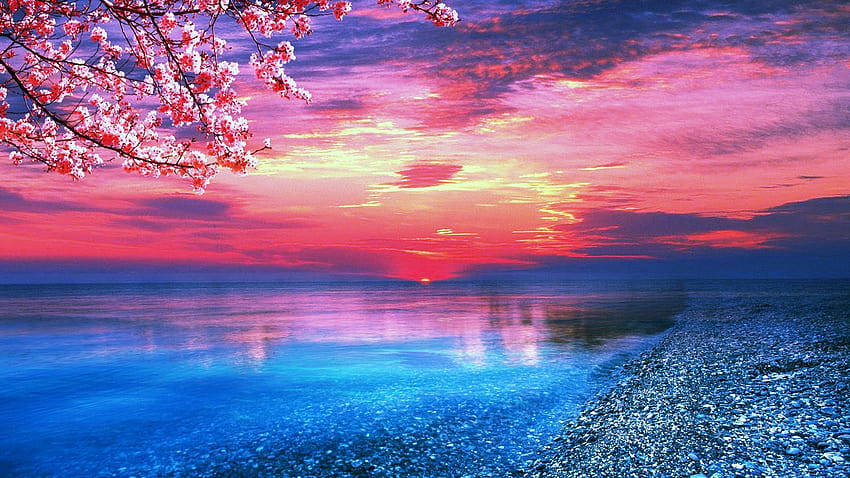 Amazing Red Sunset Ocean, komputer lautan estetika Wallpaper HD