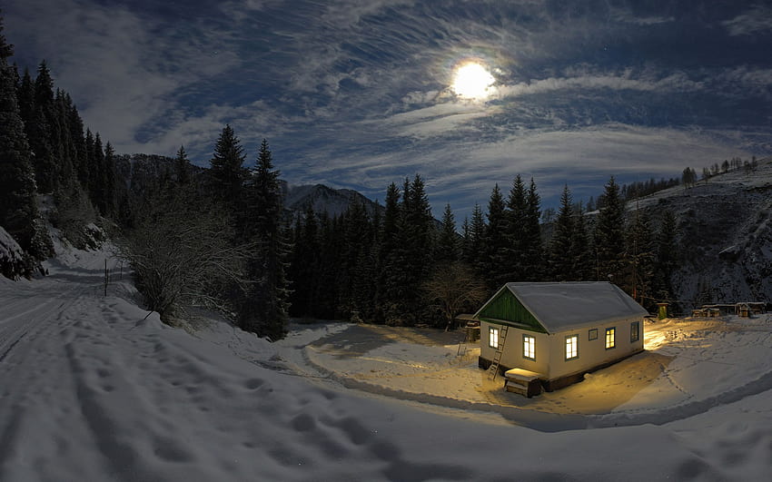 Cold Moon House :, winter alpine cabin HD wallpaper