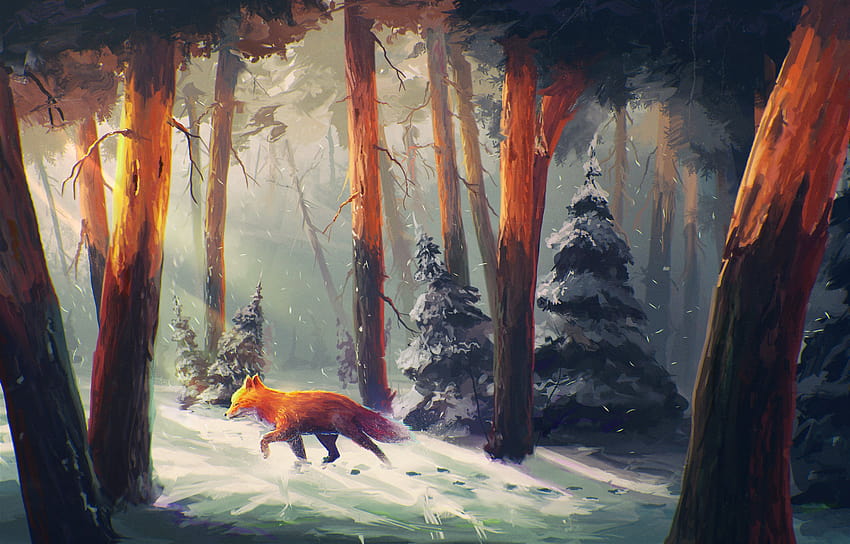 Anime fox tree animal sunshine forest snow winter HD wallpaper