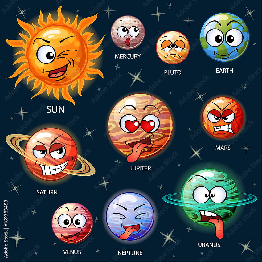 Simpatico cartone animato pianeti del sistema solare. Sole, Mercurio, Venere, Terra, Marte, Giove, Saturno, Urano, Nettuno, Plutone Stock Vector Sfondo del telefono HD