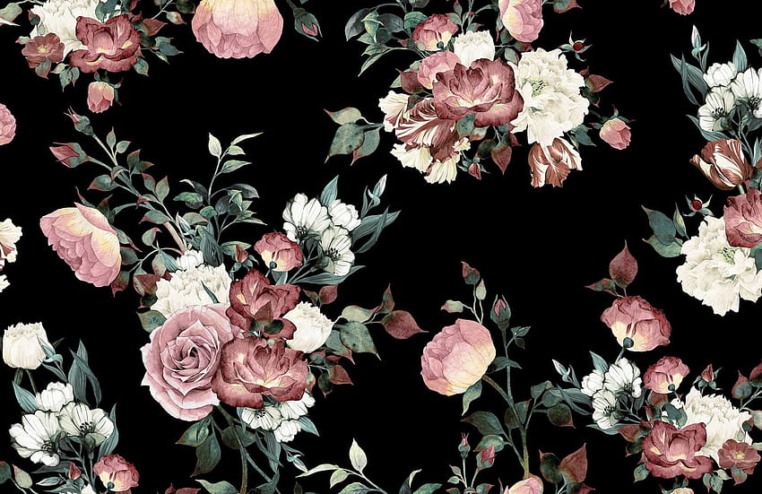 Винтидж розово, кремаво и черно флорално стенопис, ретро южен дом HD тапет