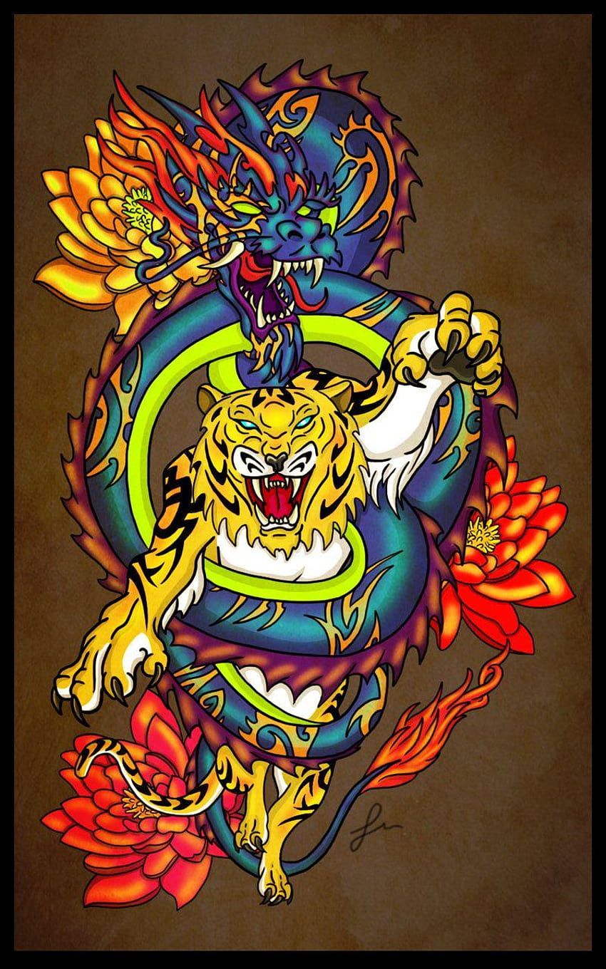 Seni Grafiti/Tattoo Terjalin Naga dan Harimau oleh lalafox456, ed hardy wallpaper ponsel HD