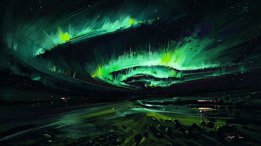 Aurora Borealis Landscape Moon Night Starry Sky Artistic Surreal