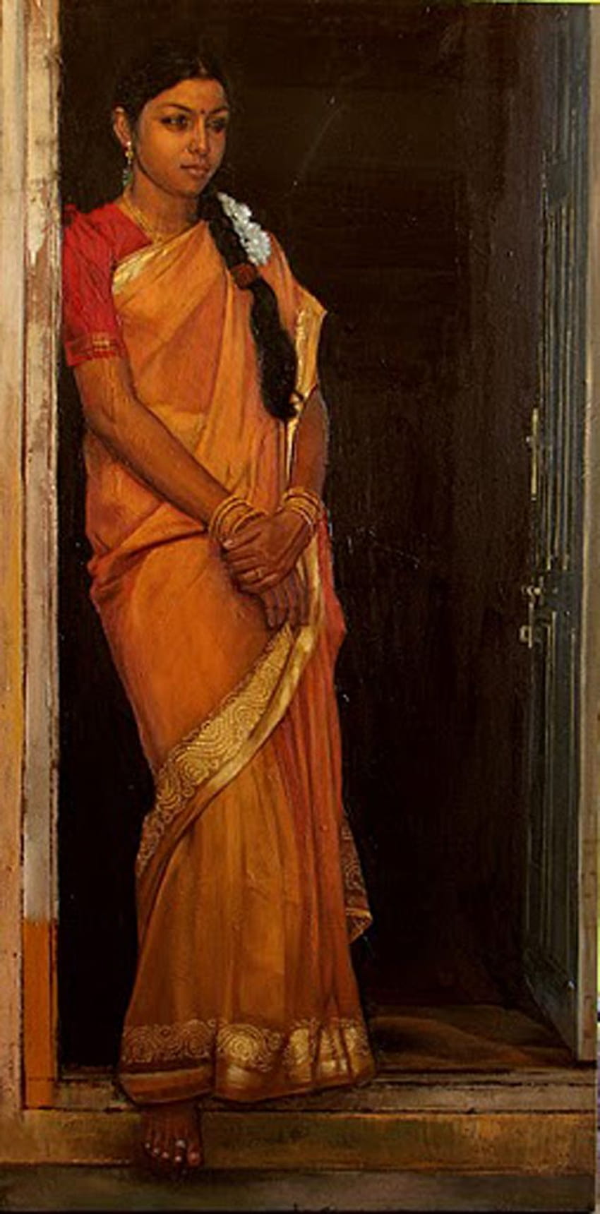 ペインティングバレーでインドの女性の絵、インドの女性の油絵 HD電話の壁紙