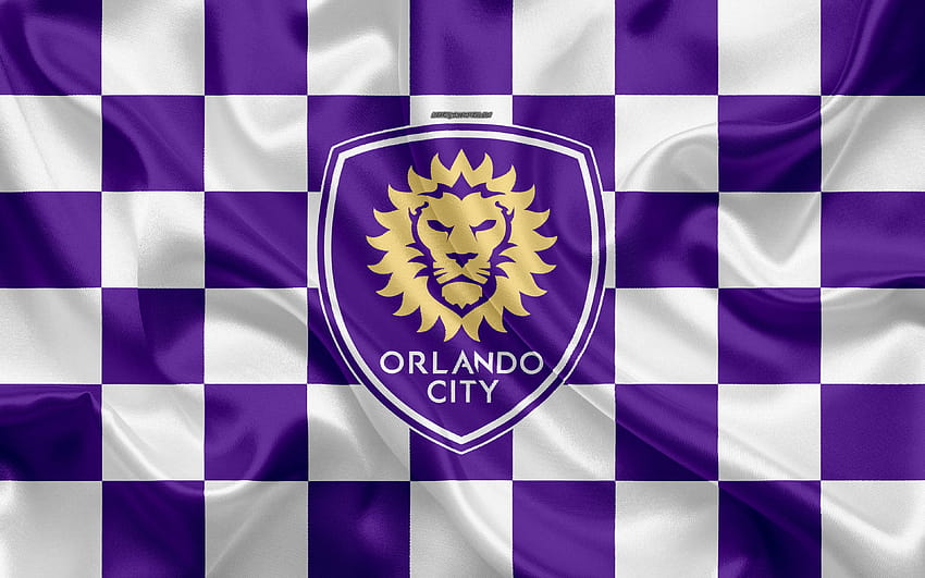 Orlando City SC, logo, creative art, purple white checkered flag, American Soccer club, MLS, emblem, silk texture, Orlando, Florida, USA, football, Major League Soccer with resolution 3840x2400 HD wallpaper