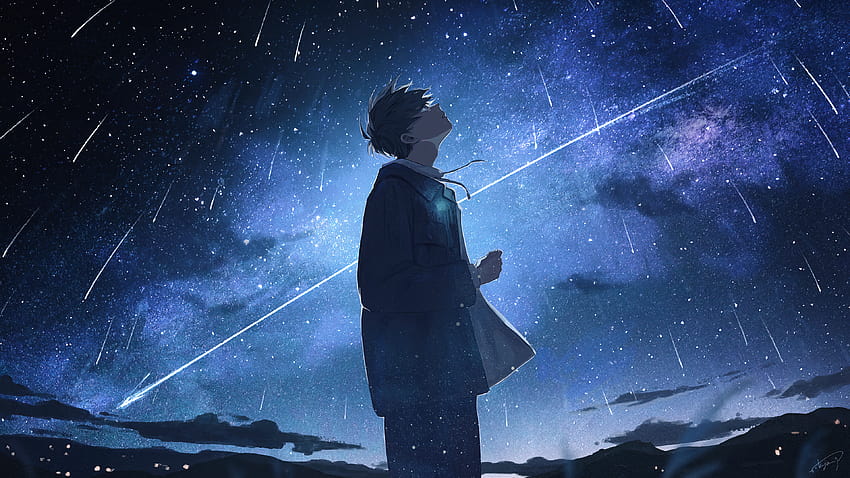 Anime Boy Alone Night Stars Scenery PC, pc sendirian Wallpaper HD
