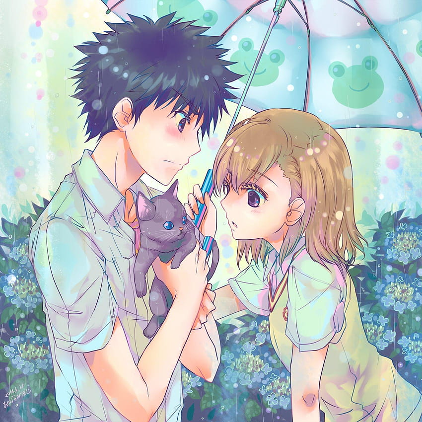 чадър, аниме, двойка, котка, сладко, момиче, момче, дъжд, любов, аниме сладко момче HD тапет за телефон