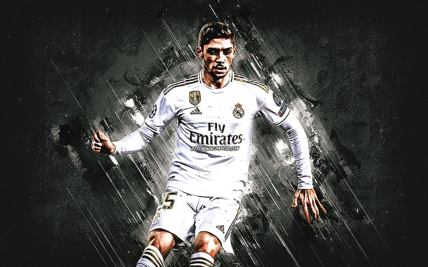 Federico Valverde, Real Madrid, Uruguayan footballer, Uruguayan soccer player, portrait, La Liga, Champions League, football, gray stone backgrounds with resolution 2880x1800. High Quality, federico valverde real madrid HD wallpaper