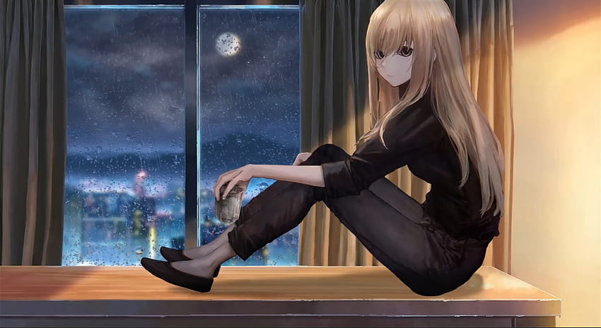 Uma garota sentada no peitoril da janela bebe uma bebida noturna, anime sentada sozinha papel de parede HD