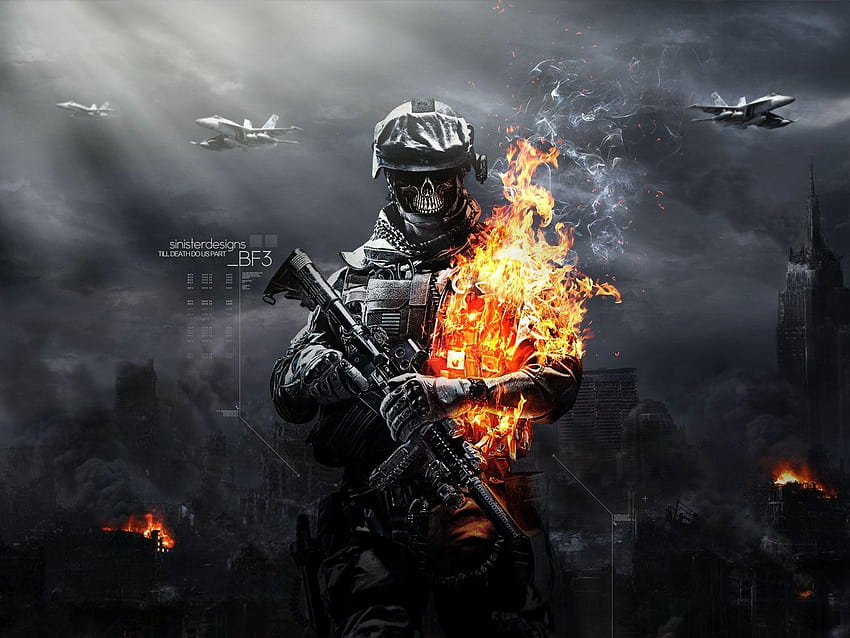 Battlefield 3 Skull Fire Gun Munition, cooler Schädel und Waffen HD-Hintergrundbild
