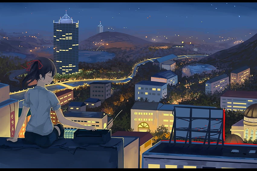 : lights, street light, city, night, anime girls, building, evening, original characters, rooftops, screenshot 1500x1000, anime rooftop city HD wallpaper