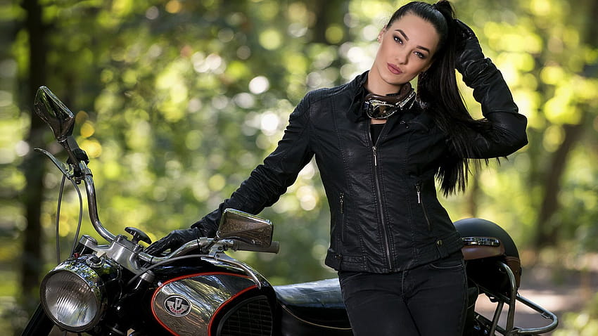 Beautiful Girl Model Pannonia Ponytail With Black Hair And Black Leather Jacket Is Standing Near Motorcycle Pannonia Ponytail, girl black jacket HD wallpaper