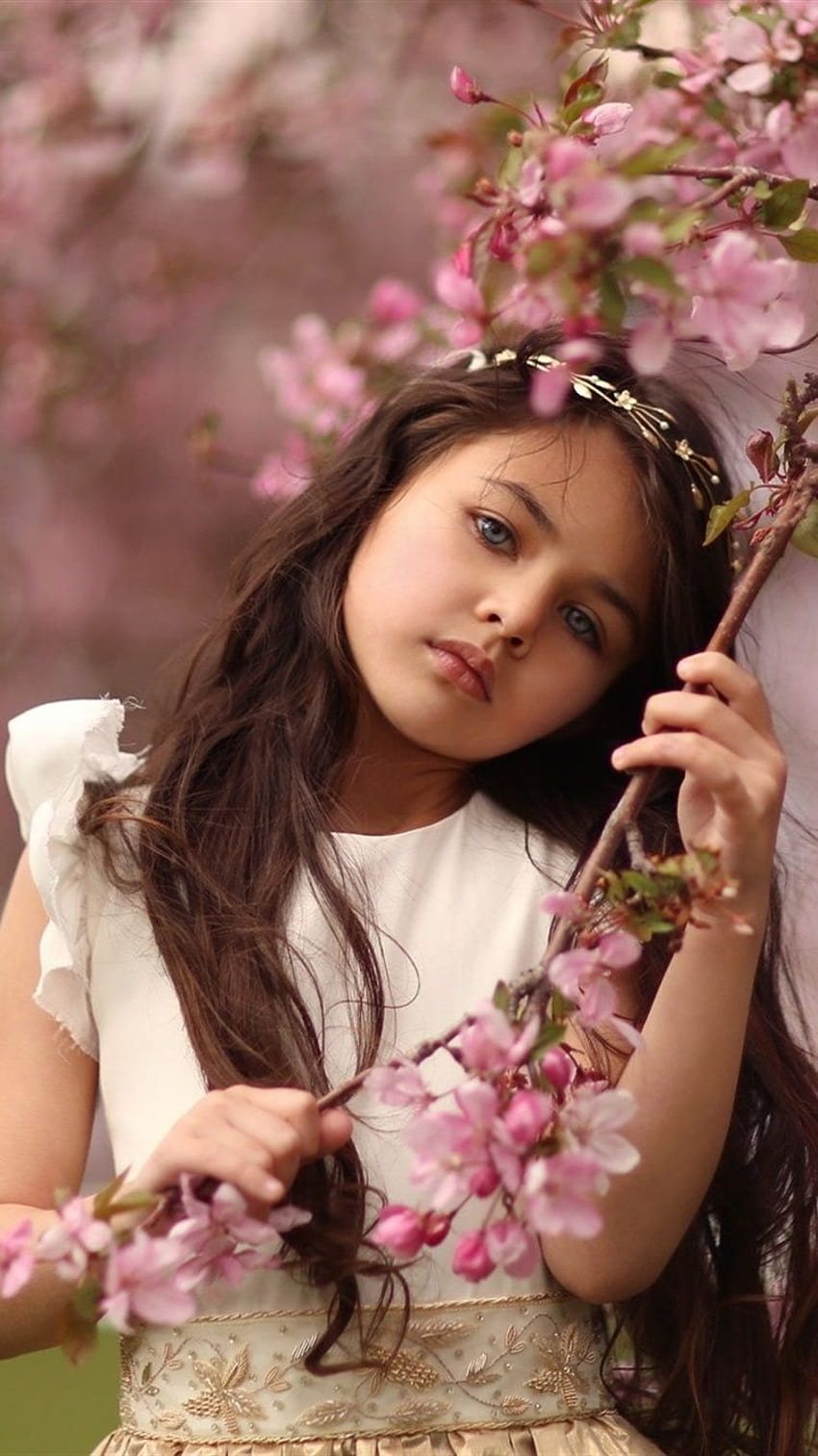 Cute little girl, pink cherry flowers 1920x1440 , pink flower girl HD phone wallpaper