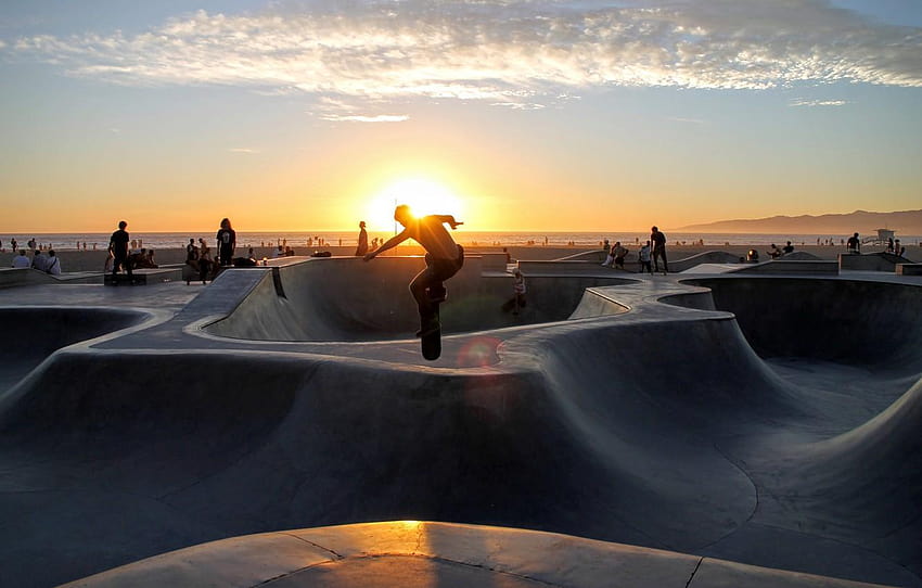 sky, sunset, park, clouds, people, skate, skatepark HD wallpaper