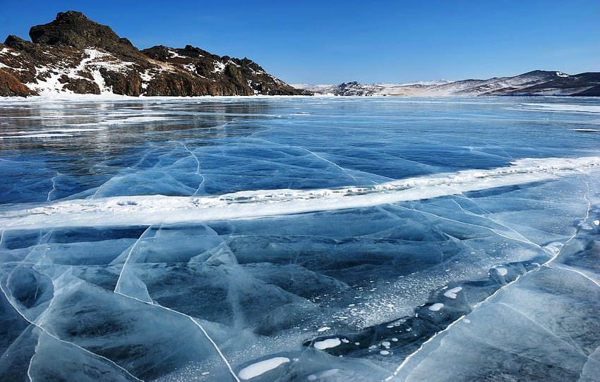 lód, zima, śnieg, jezioro, Brzeg, Bajkał, Rosja, Bajkał, jezioro Bajkał Tapeta HD