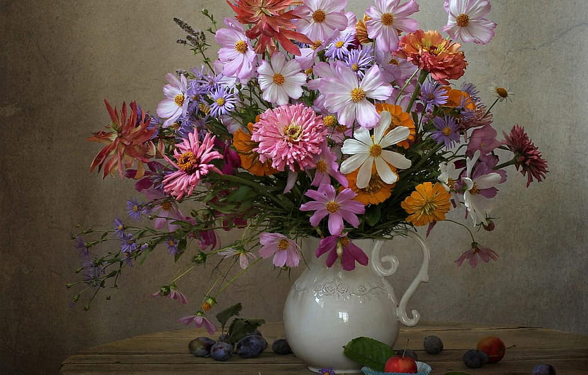autumn, bouquet, plum, kosmeya, asters, calendula, autumn bouquet HD wallpaper