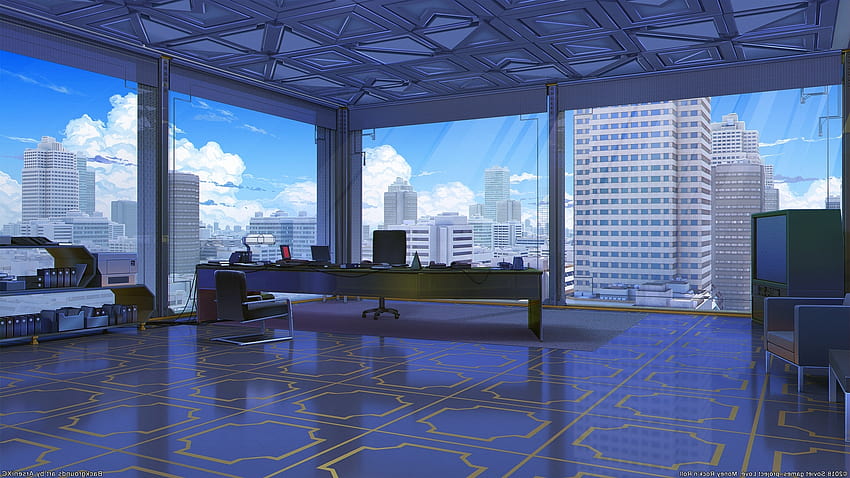 Градски пейзаж, сграда, аниме офис, живописен, офис аниме HD тапет