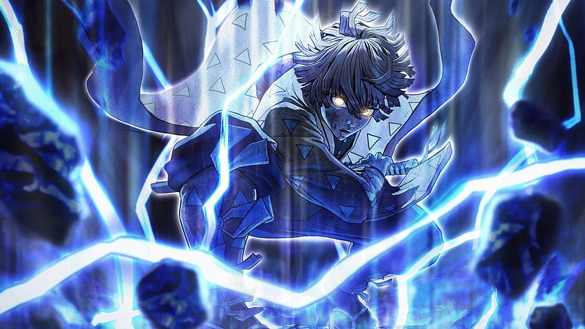 Demon Slayer Zenitsu Agatsuma Around Blue Lightning With Black Backgorund Anime, blue demon HD wallpaper