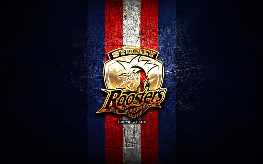 Sydney Roosters, goldenes Logo, National Rugby League, blauer Metallhintergrund, australischer Rugby-Club, Sydney Roosters-Logo, Rugby, NRL mit einer Auflösung von 2880 x 1800. Hochwertiges HD-Hintergrundbild