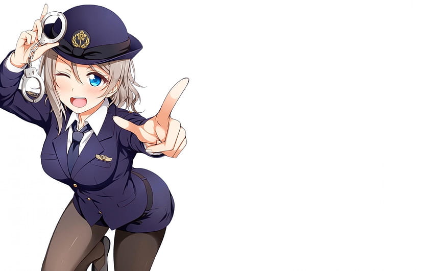 2880x1800 Chica anime, uniforme de policía, guiño, grilletes, anime policial fondo de pantalla