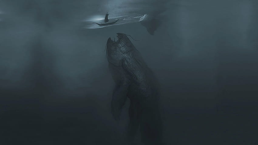 Fantasy Sea Monster Whale Ship Страшна фантазия, страшен океан HD тапет