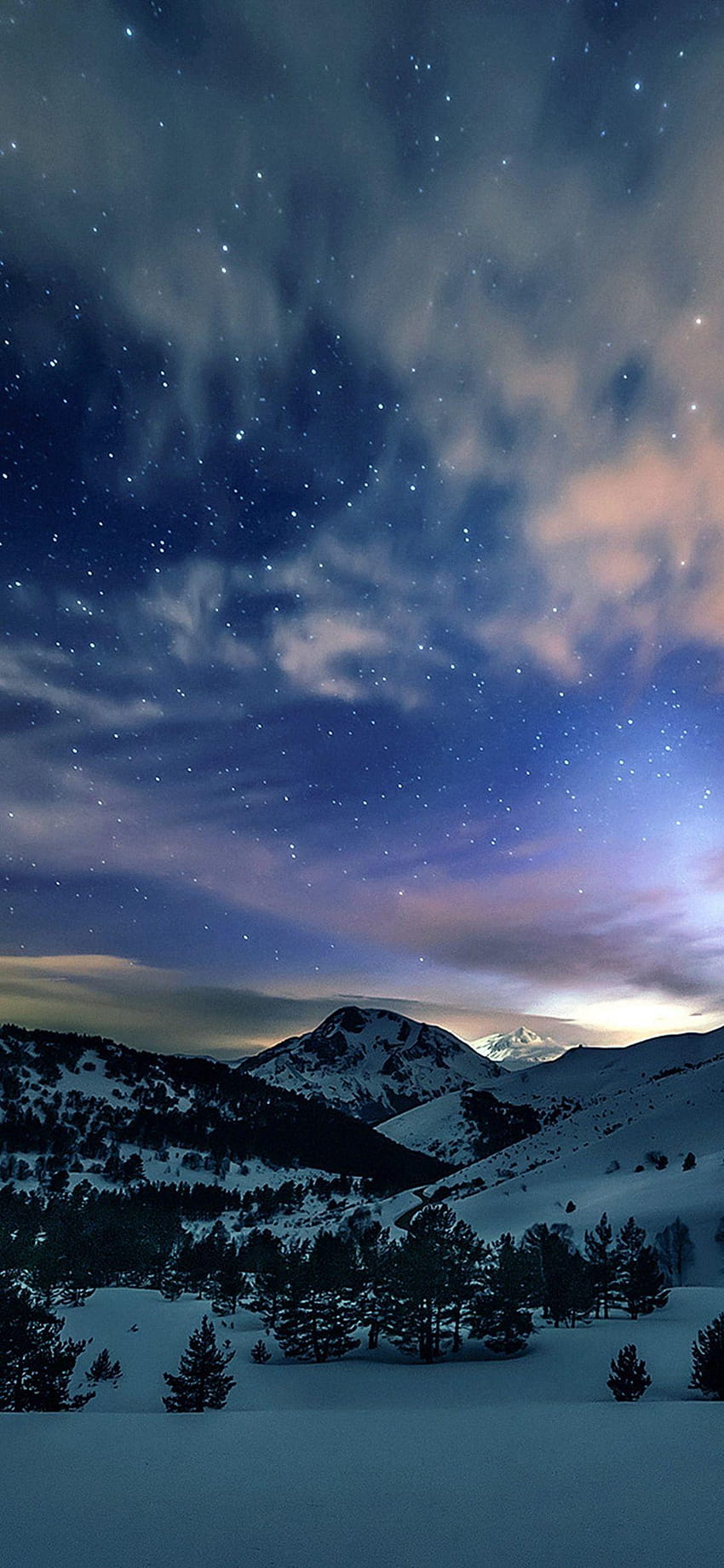 Aurora Estrella Cielo Nieve Montaña Invierno Naturaleza iPhone X, temporada de invierno 2019 fondo de pantalla del teléfono