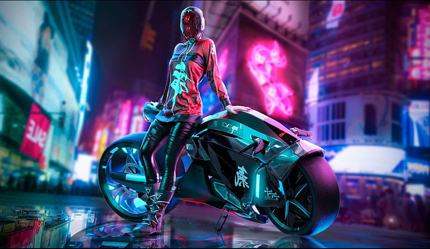 bicicleta esportiva cinza e preta, arte de personagem feminina, motocicleta futurista de garota cyberpunk papel de parede HD