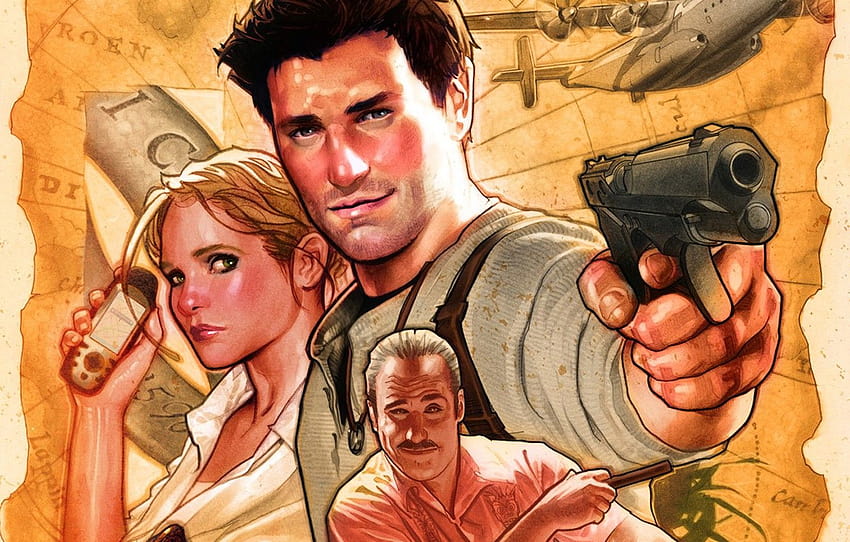 nathan drake, chloe frazer, victor sullivan, and elena fisher (uncharted)  drawn by hadesha