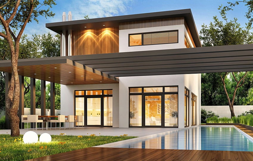 trees, design, house, lawn, Villa, pool, modern, houses, modern houses HD wallpaper