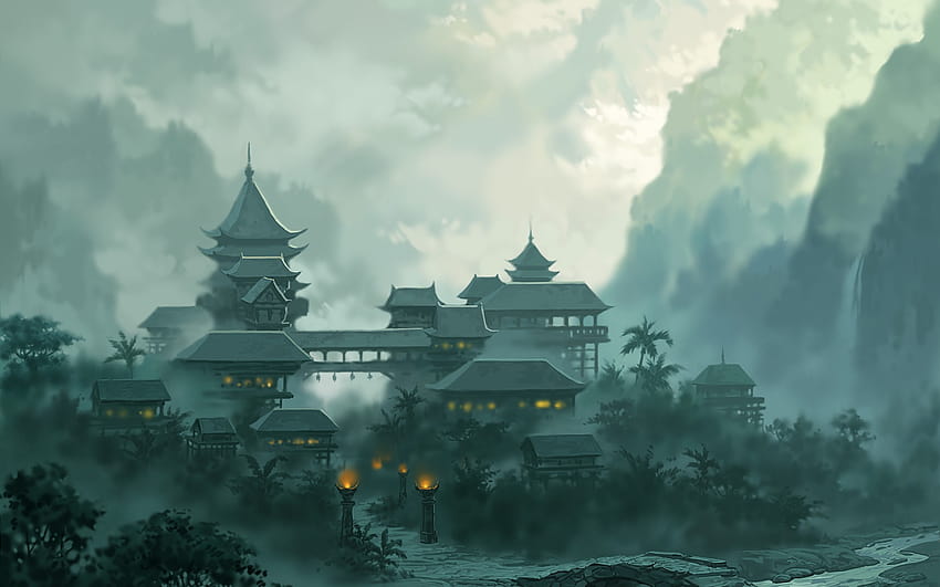 фантастична рисунка китайски храм HD тапет
