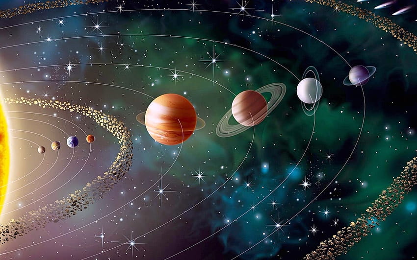 sistema solare, arte 3D, asteroidi, Sole, Venere, Plutone, Urano, Terra, Marte, Nettuno, Giove, Mercurio, astronave, serie planetaria, pianeti, galassia, sci Sfondo HD