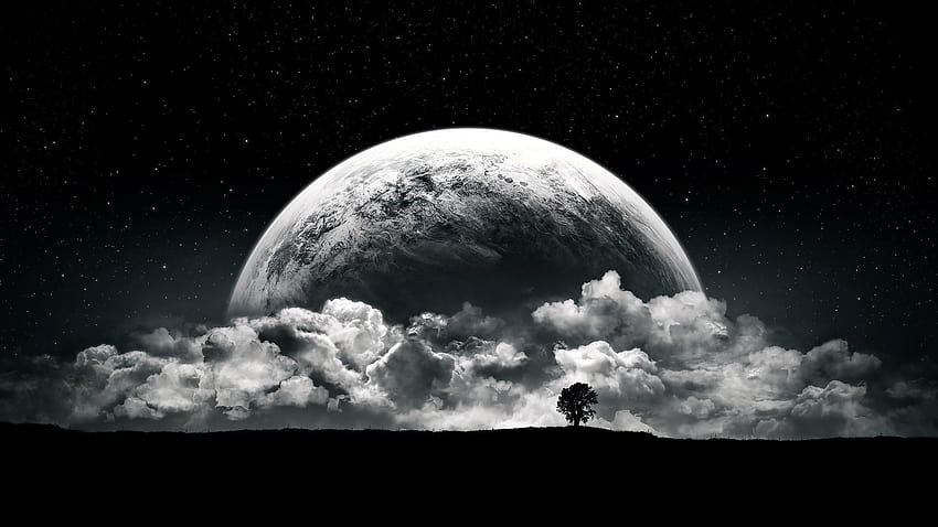 Planet, Mond, Wolken, Sterne, Nacht, Schwarz, Weiß / und mobile Hintergründe, weißer Mond HD-Hintergrundbild