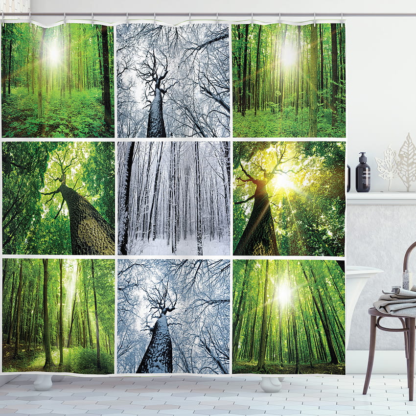 Rainforest Decor Forest Tree Branches in Spring and Winter Fabric Shower Curtain HD phone wallpaper