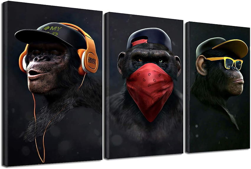 Kaufen Sie Wise Monkeys Leinwand-Wandkunst, lustige Schimpansen-Kopfhörer-Tier-Leinwanddrucke für Wohnzimmer, moderne Wohnkultur, 3-teilig, Swag-Affe HD-Hintergrundbild