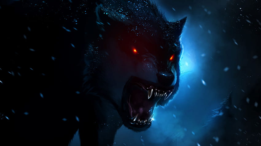 Черен вълк, червени очи, снеговалеж, тъмен фон, нощно време, животни, вълк с червени очи HD тапет