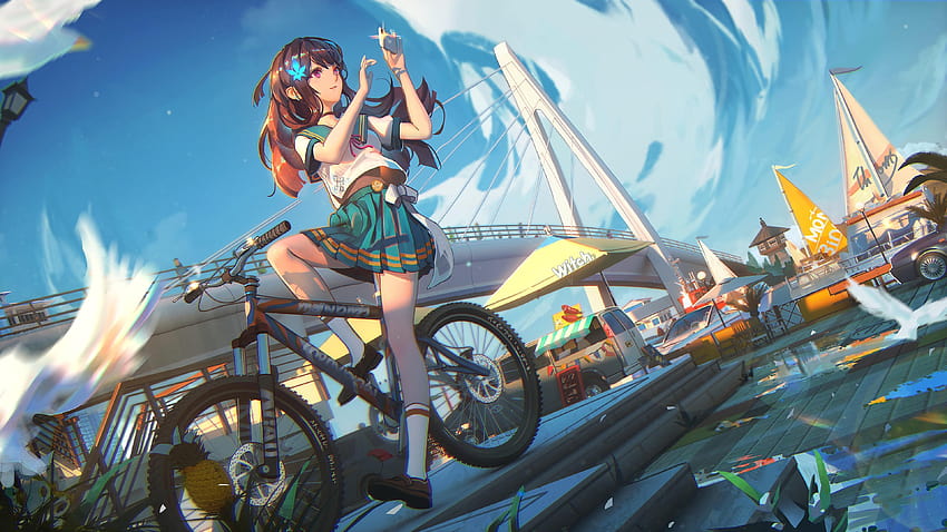 Anime Studentin auf Fahrrad Ultra ID:3722, Anime Ultra HD-Hintergrundbild