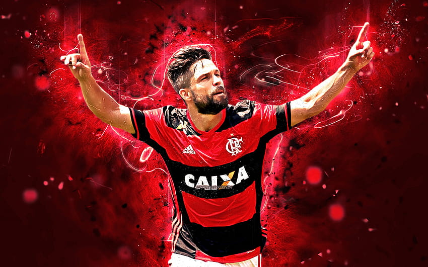 Diego Ribas, radość, brazylijscy piłkarze, napastnik, Flamengo FC, gol, piłka nożna, Diego, brazylijska Serie A, sztuka abstrakcyjna, neony, Brazylia z rozdzielczością 2880x1800. Wysoka jakość Tapeta HD