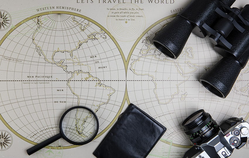 map, the camera, binoculars, magnifier, passport , section разное HD wallpaper