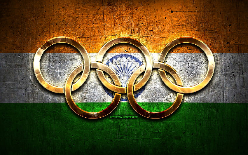 Équipe olympique indienne, anneaux olympiques d'or, Inde aux Jeux olympiques, créatif, drapeau indien, fond métallique, équipe olympique indienne, drapeau de l'Inde avec résolution 2880x1800. Logo olympique de haute qualité Fond d'écran HD