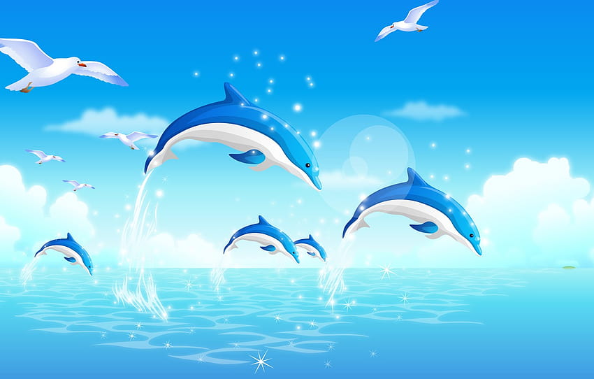 sea, summer, dolphins , section животные, summer dolphins HD wallpaper