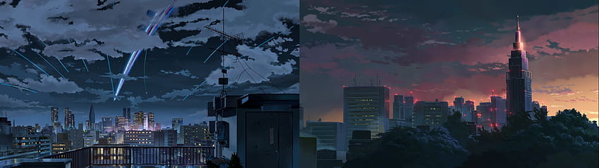 bangunan beton abu-abu kolase Kimi no Na Wa dual monitor The Garden of Words Makoto Shinkai … Wallpaper HD