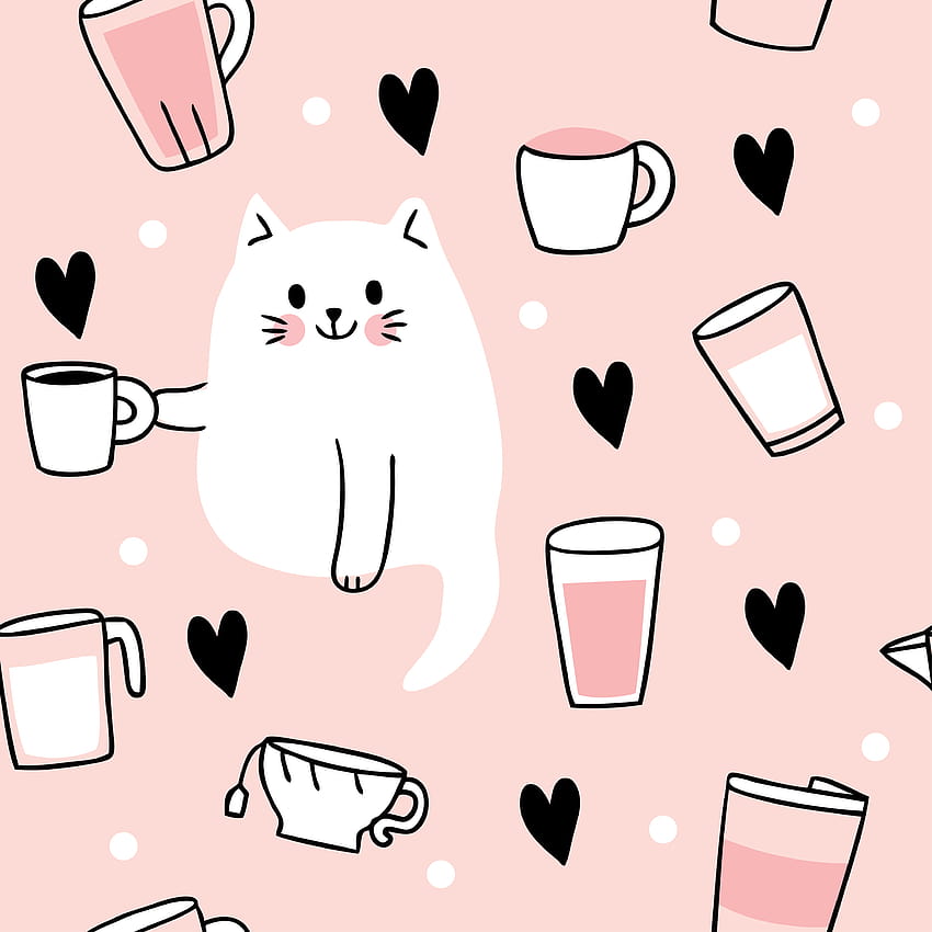 Kreskówka słodki kot pijący kawę bez szwu wzór 680382 Grafika wektorowa w Vecteezy Tapeta na telefon HD